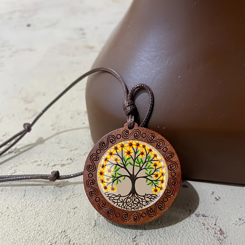 Sunflower Tree of Life Wooden Necklace, Retro Gift